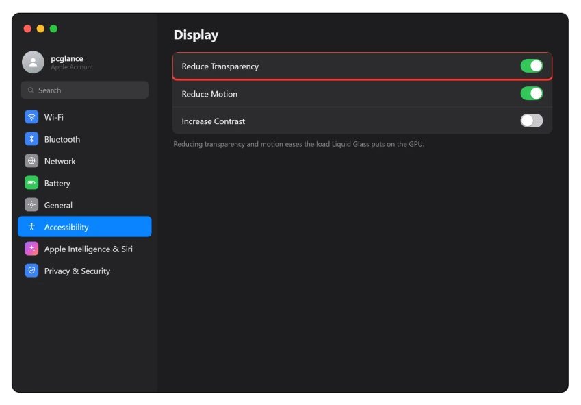 macOS Accessibility Display settings with Reduce Transparency and Reduce Motion turned on