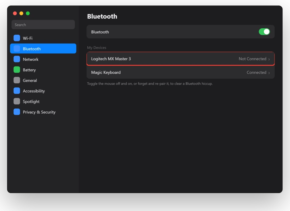 macOS Bluetooth settings showing a wireless mouse ready to re-pair