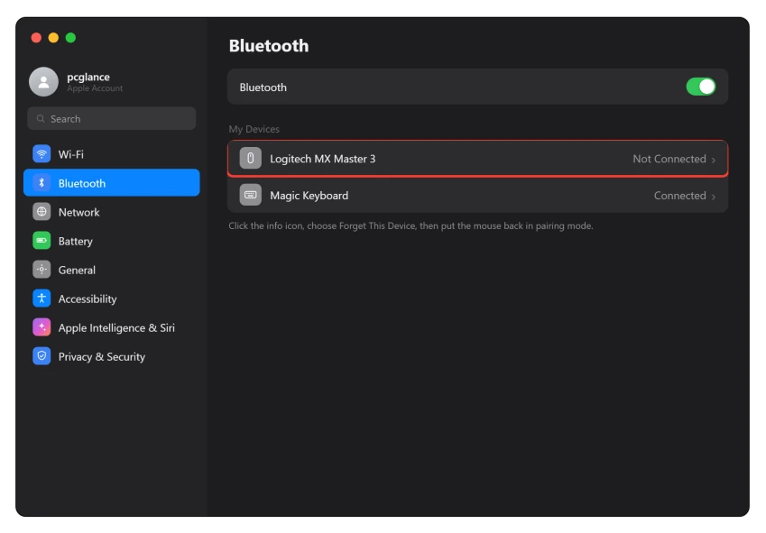 macOS Bluetooth settings showing a wireless mouse ready to re-pair