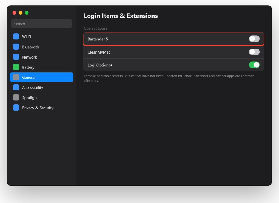 macOS Login Items and Extensions settings showing startup apps to remove