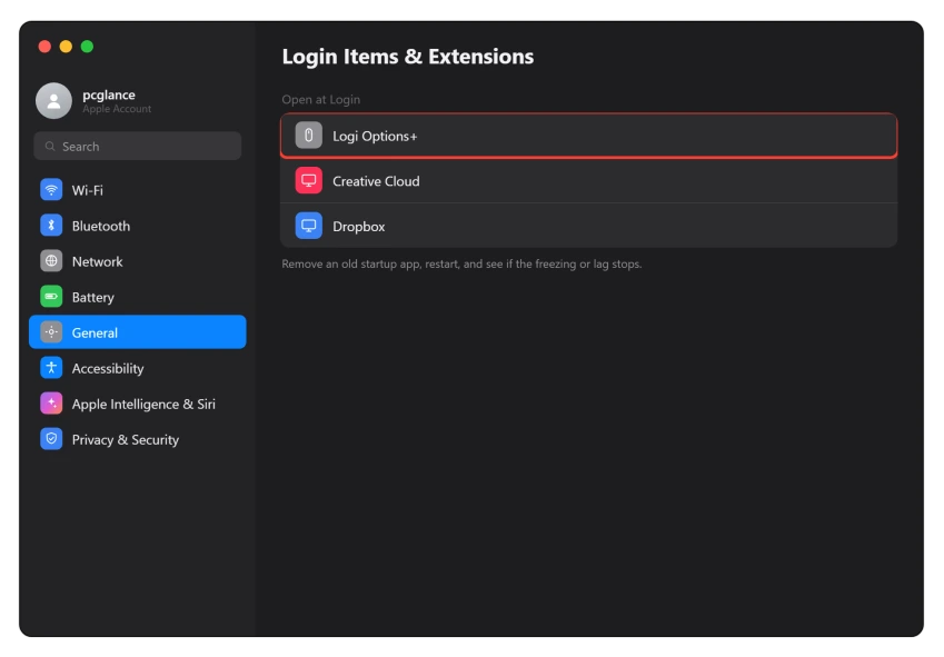 macOS Login Items and Extensions settings showing startup apps to remove
