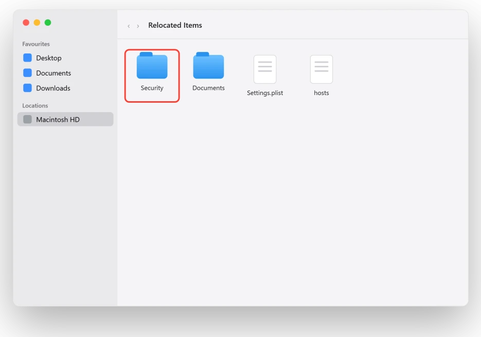 The Relocated Items folder in Finder after a macOS Tahoe update