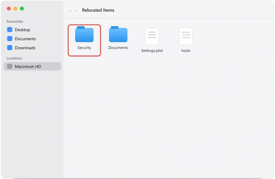 The Relocated Items folder in Finder after a macOS Tahoe update