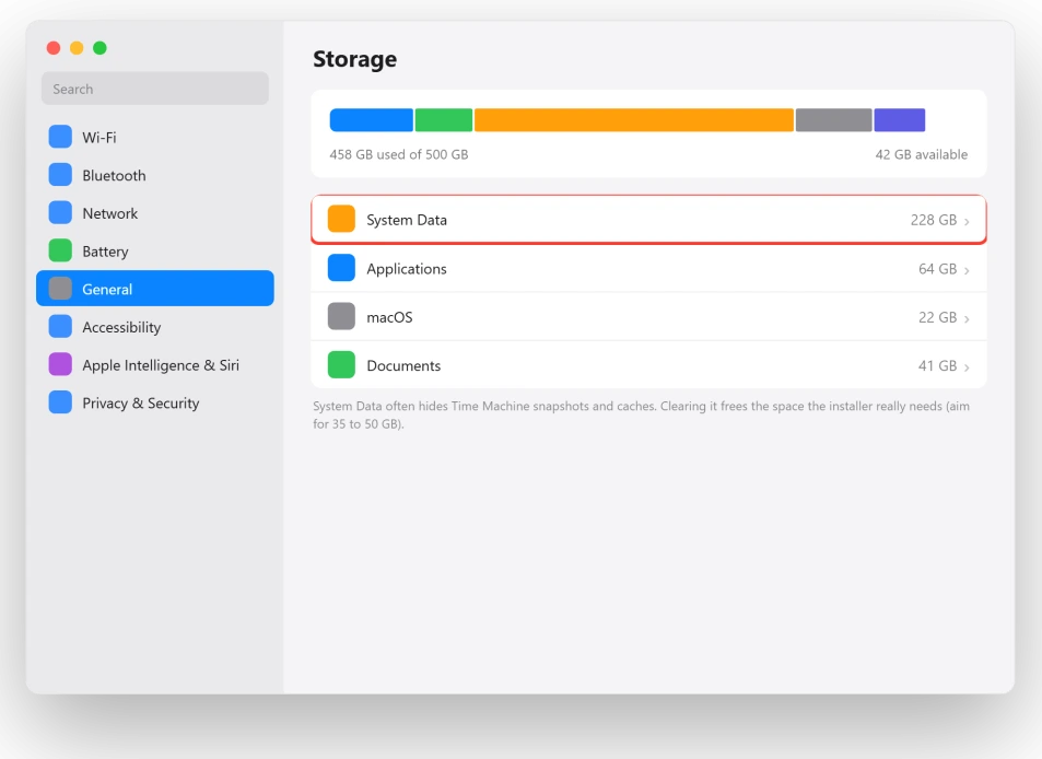 macOS Storage settings showing System Data using a large amount of space