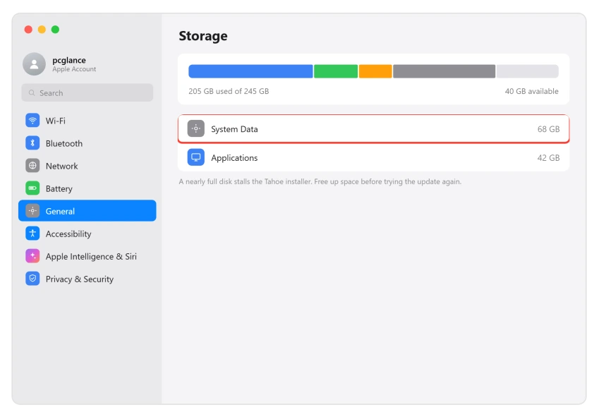 macOS Storage settings showing System Data using a large amount of space