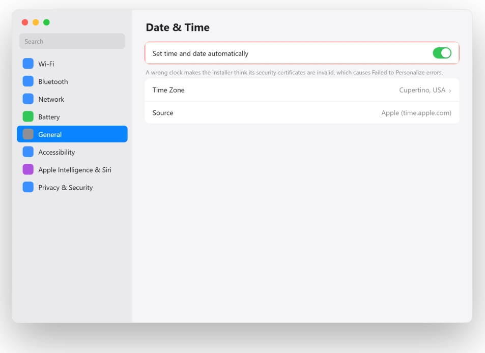 macOS Date and Time settings with Set automatically turned on