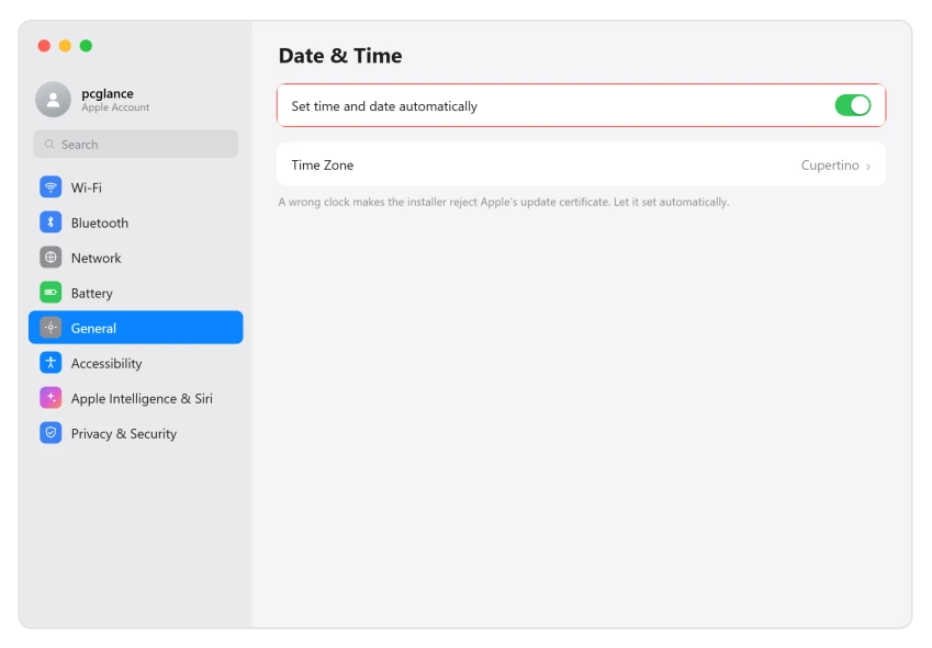 macOS Date and Time settings with Set automatically turned on