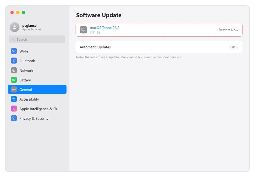 macOS Software Update screen with macOS Tahoe 26.0.1 ready to install