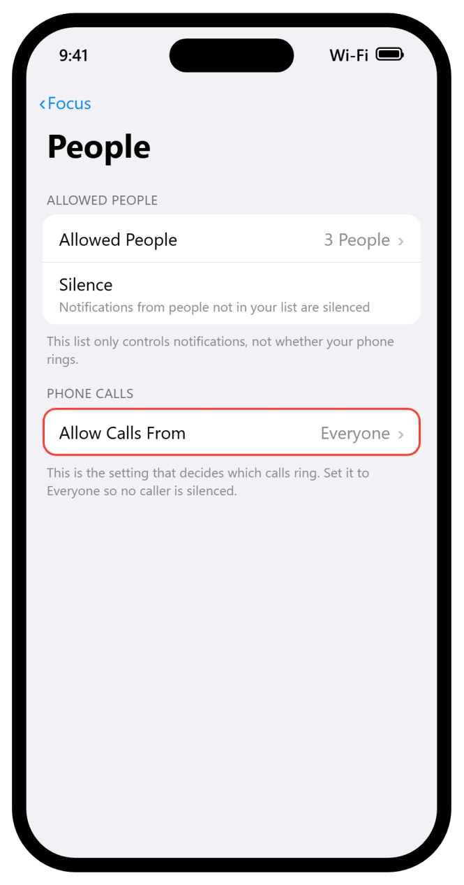 iPhone Focus People screen showing Allow Calls From set to Everyone