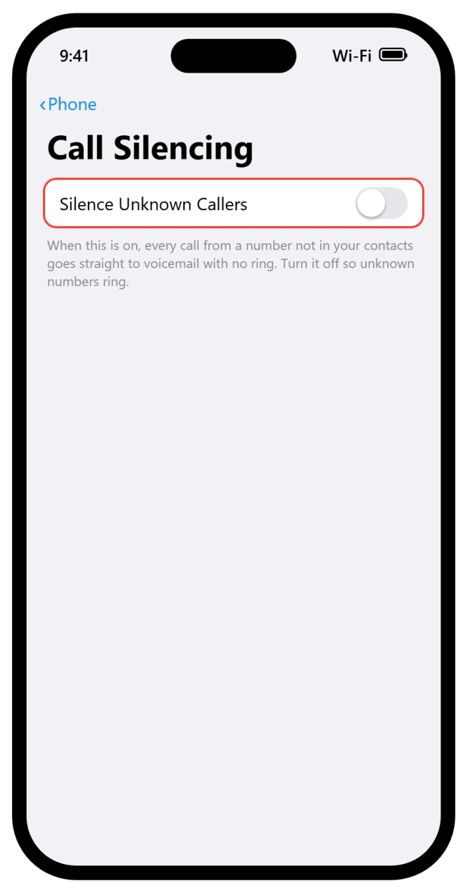 iPhone Phone settings showing Silence Unknown Callers turned off