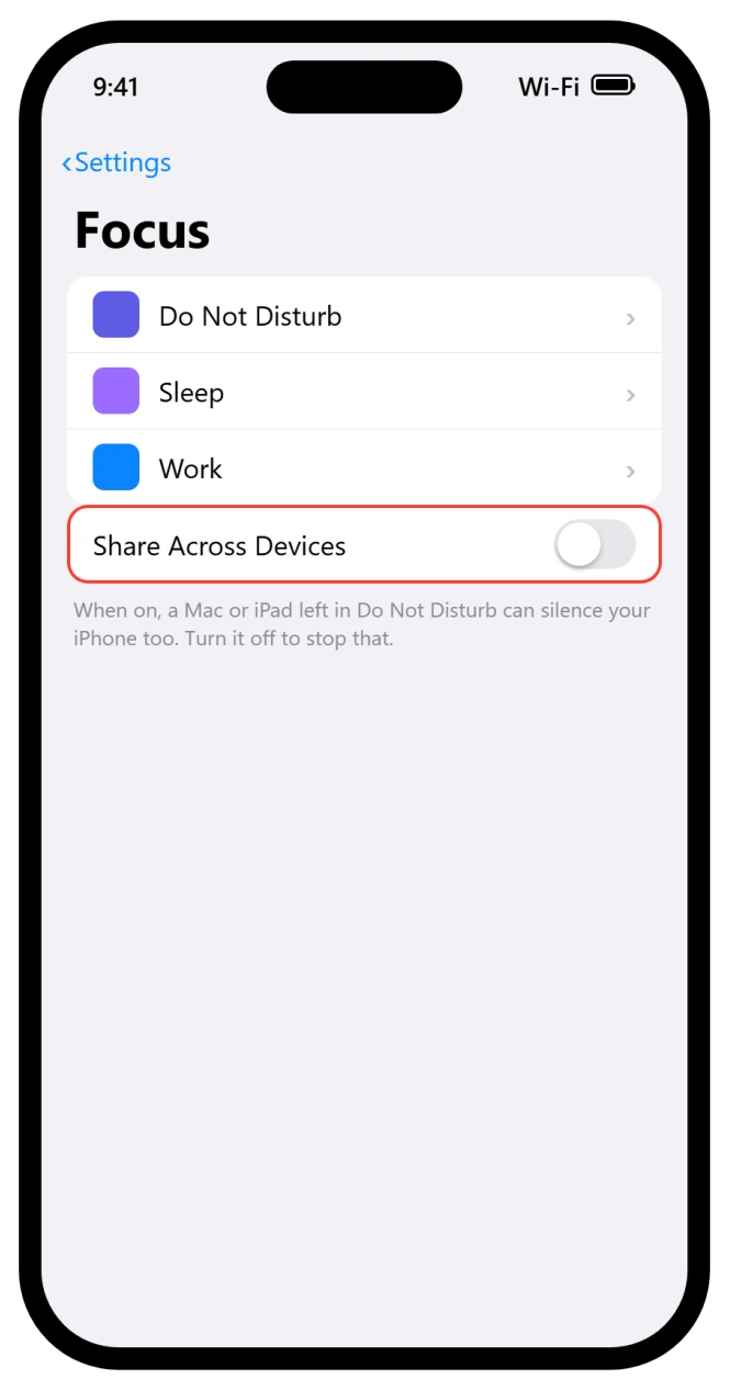 iPhone Focus settings with Share Across Devices turned off