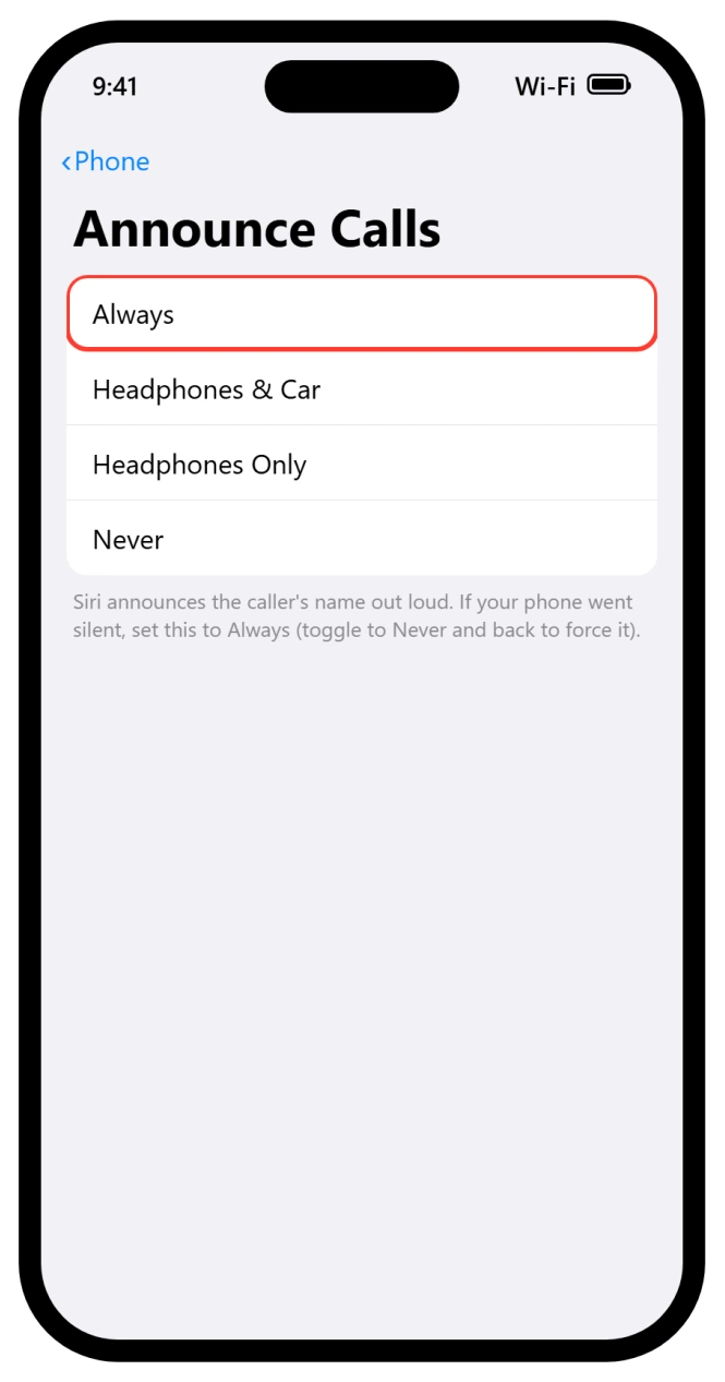 iPhone Announce Calls settings set to Always