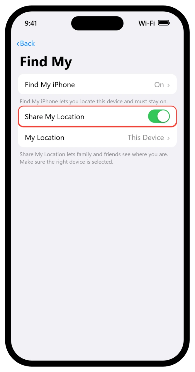 iPhone Find My settings with Share My Location turned on