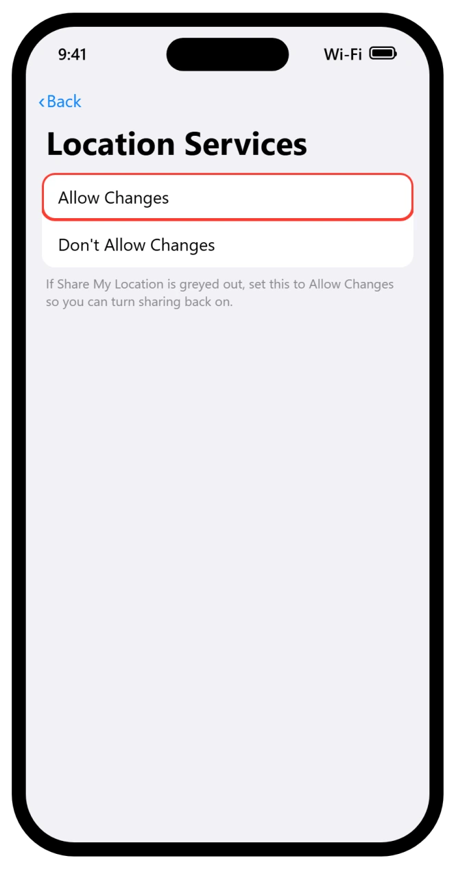 iPhone Screen Time Content and Privacy screen allowing changes to Location Services