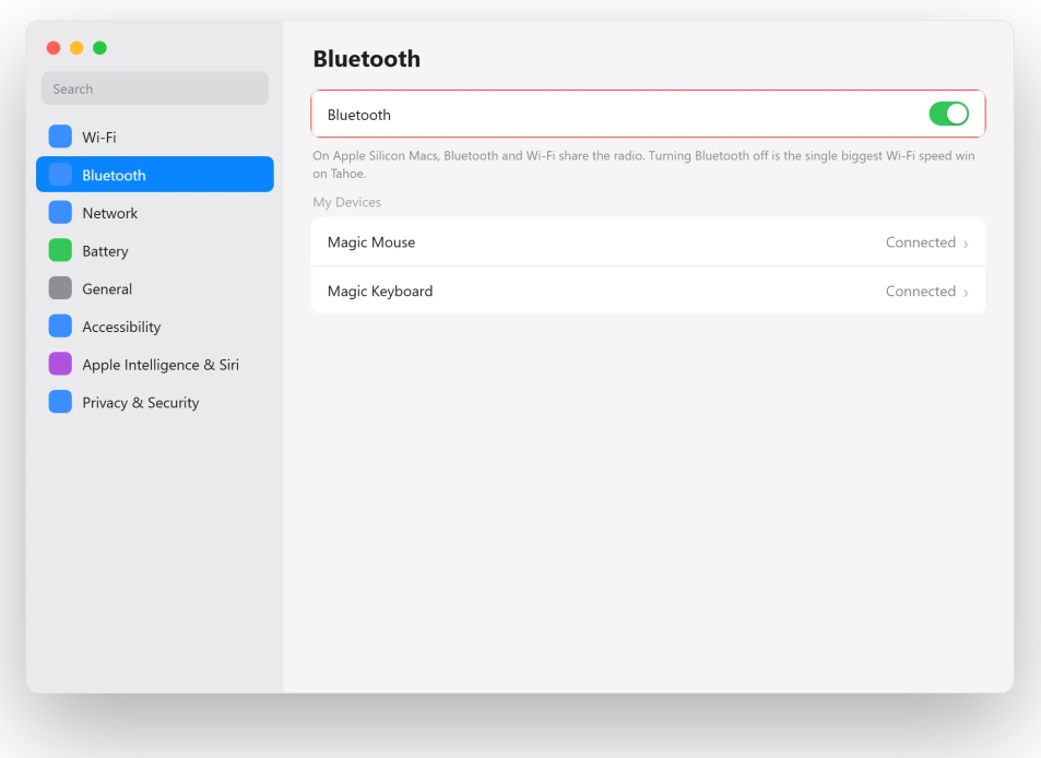 macOS Bluetooth settings with the Bluetooth toggle