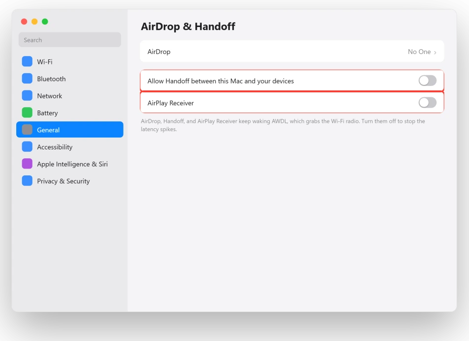 macOS AirDrop and Handoff settings with Handoff and AirPlay Receiver turned off