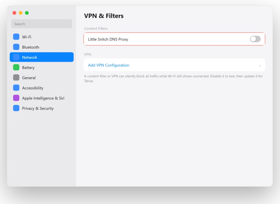 macOS Network VPN and Filters settings with a content filter disabled