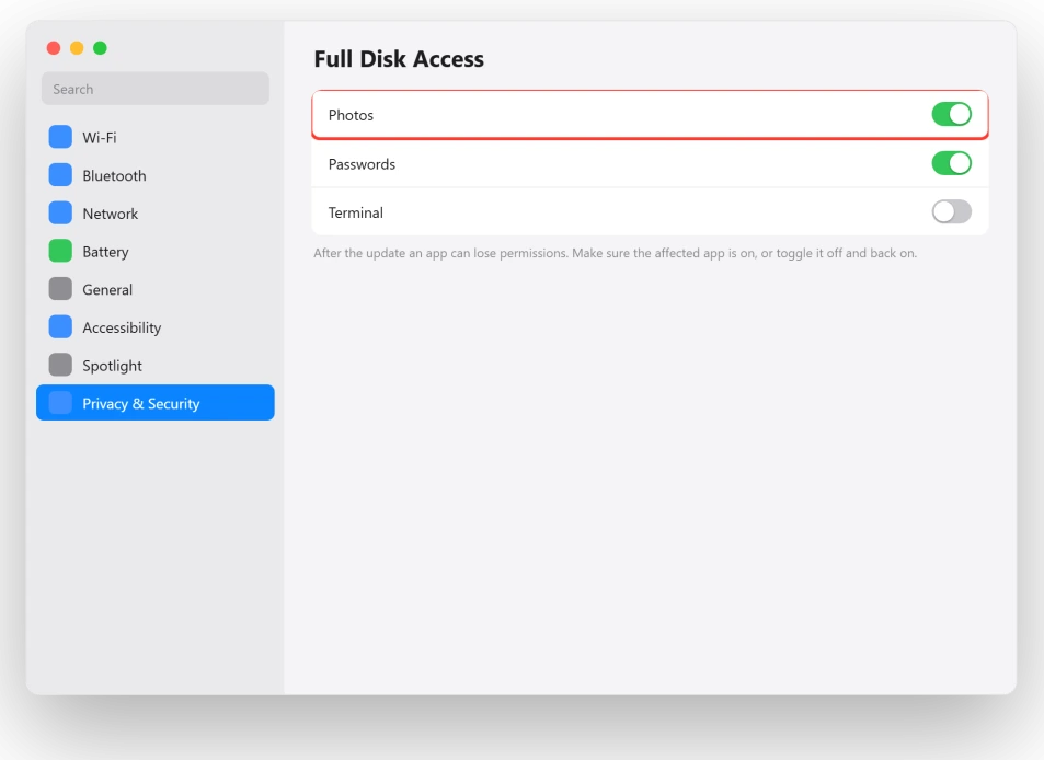 macOS Privacy and Security Full Disk Access settings