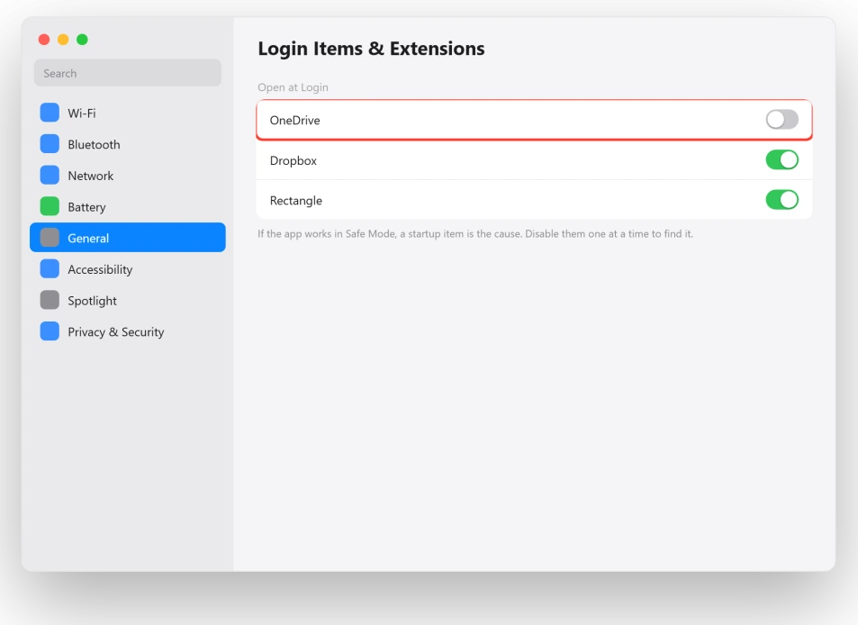 macOS Login Items and Extensions settings showing startup apps