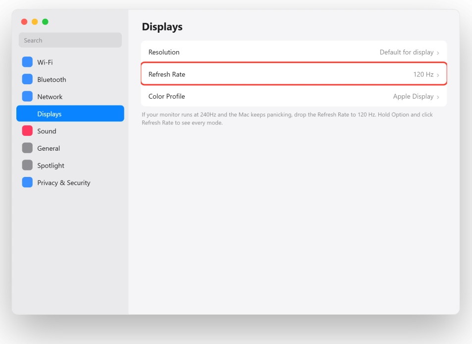 macOS Displays settings with the Refresh Rate set to 120 Hz