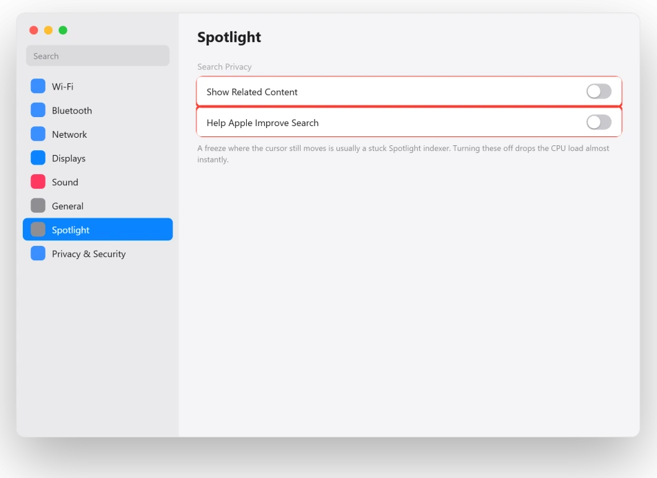 macOS Spotlight settings with Show Related Content and Help Apple Improve Search turned off