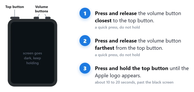 iPad force restart sequence for models with no Home button: press Volume Up, press Volume Down, then hold the Top button until the Apple logo