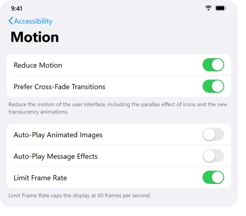 iPad Accessibility Motion settings with Reduce Motion switched on