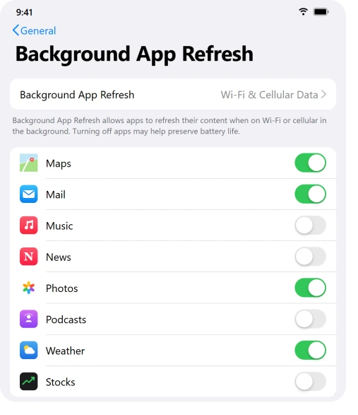 iPad Background App Refresh settings with several heavy apps switched off