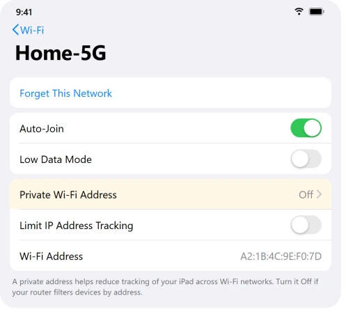 iPad Wi-Fi network settings with Private Wi-Fi Address set to Off