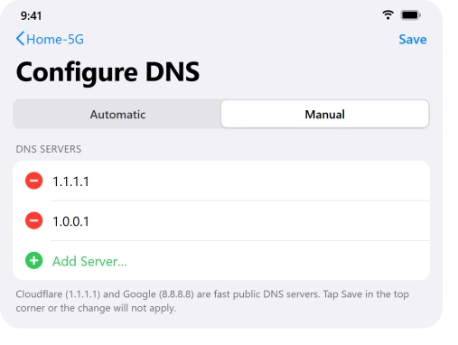 iPad Configure DNS screen set to Manual with Cloudflare 1.1.1.1