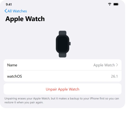 Apple Watch app on iPhone showing the Unpair Apple Watch option