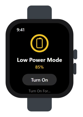 Apple Watch Low Power Mode screen with the yellow Low Power Mode indicator