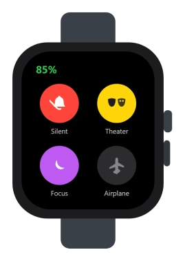 Apple Watch Control Center showing the Silent Mode, Theater Mode, and Focus buttons