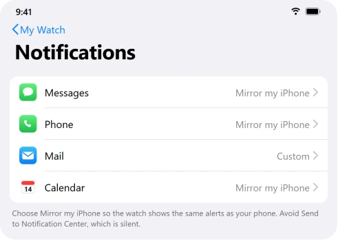 Apple Watch app Notifications screen with apps set to mirror the iPhone