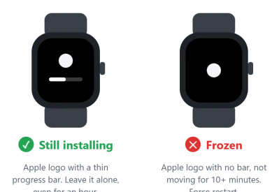 One Apple Watch still installing with a progress bar, one frozen with no bar