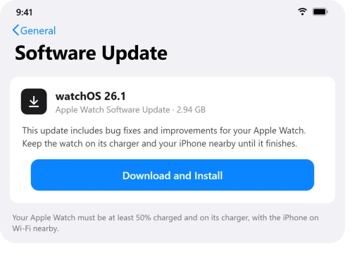 Apple Watch app Software Update screen with the Download and Install button