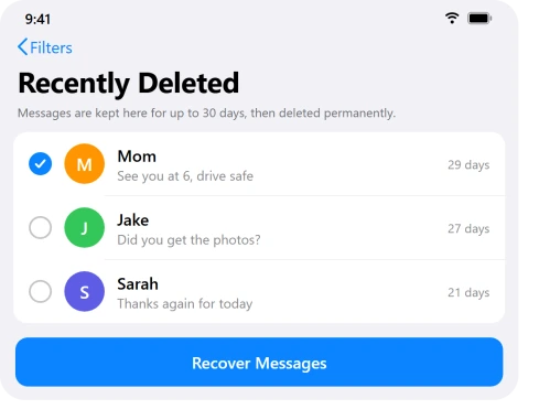 iPhone Messages Recently Deleted screen with the Recover button