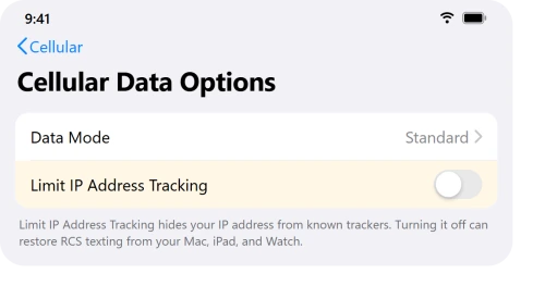 iPhone Cellular Data Options with Limit IP Address Tracking turned off