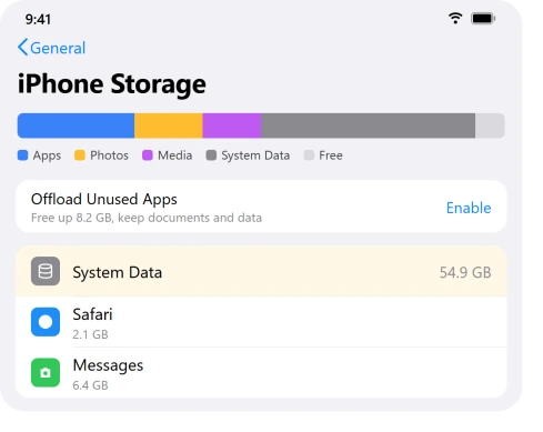 iPhone Storage screen showing the System Data bar and app list