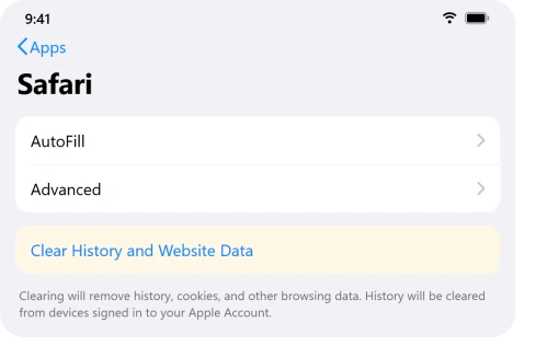 iPhone Safari settings with Clear History and Website Data
