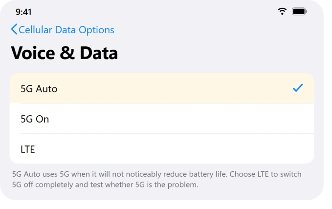 iPhone Voice and Data screen showing 5G Auto, 5G On and LTE options