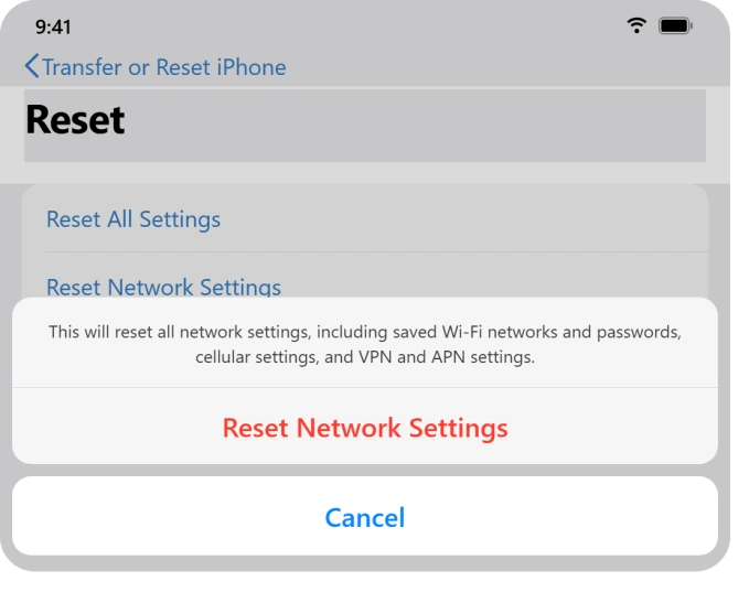 iPhone Reset Network Settings confirmation screen