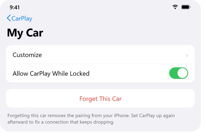 iPhone CarPlay screen with the red Forget This Car button