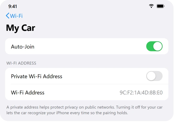 iPhone Wi-Fi network screen with Private Wi-Fi Address turned off