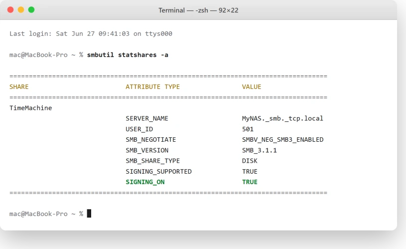 macOS Terminal showing smbutil statshares output with the SIGNING_ON field
