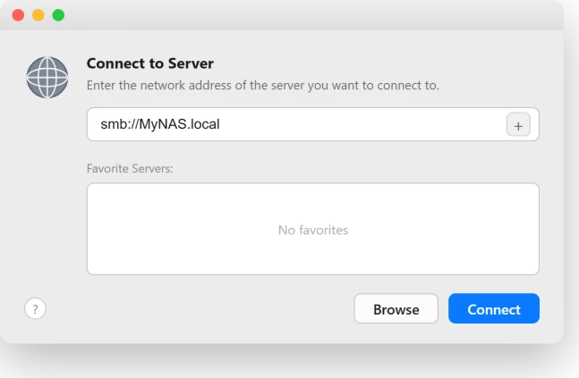 macOS Finder Connect to Server dialog with an smb network address