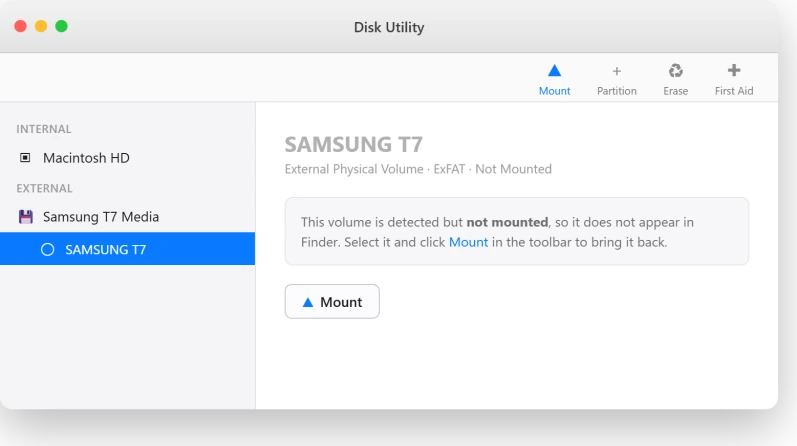 macOS Disk Utility with Show All Devices on and a greyed-out external volume ready to Mount
