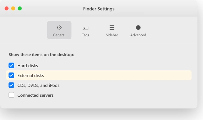 macOS Finder Settings with External disks ticked under Show these items on the desktop