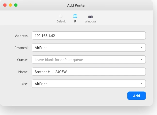macOS Add Printer window on the IP tab with Protocol set to AirPrint