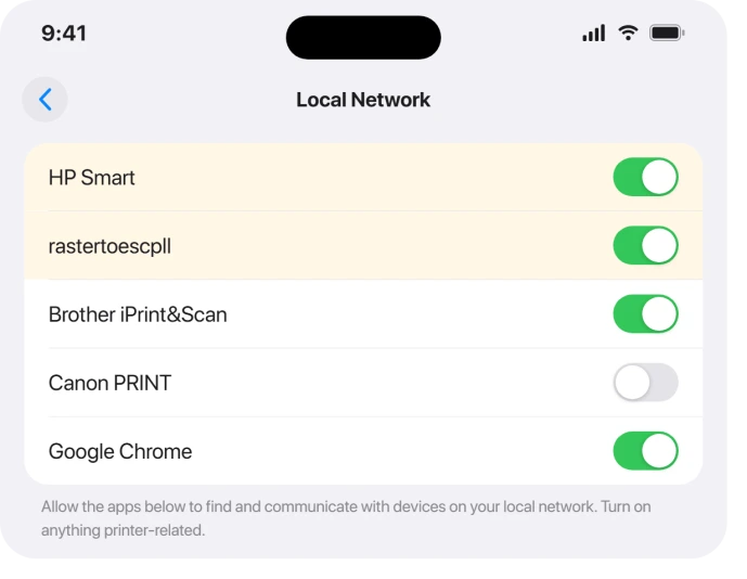 macOS Tahoe System Settings Privacy and Security Local Network list with printer apps
